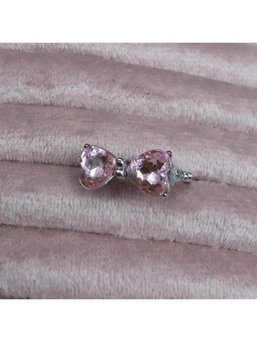 Ring Adjustable Silver Tone Bow Ring Pink Heart Stones, Size 6.5 to 7
